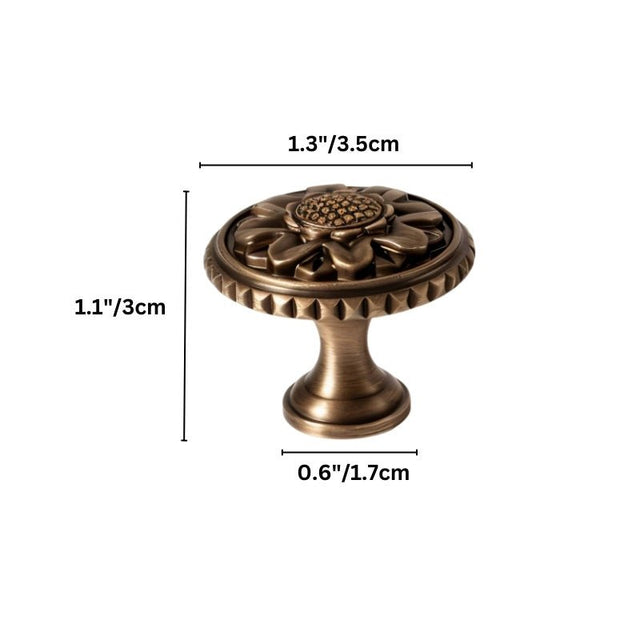 "Dimensions of an antique brass floral knob: 1.3 inches (3.5 cm) width, 1.1 inches (3 cm) height, and 0.6 inches (1.7 cm) base diameter."