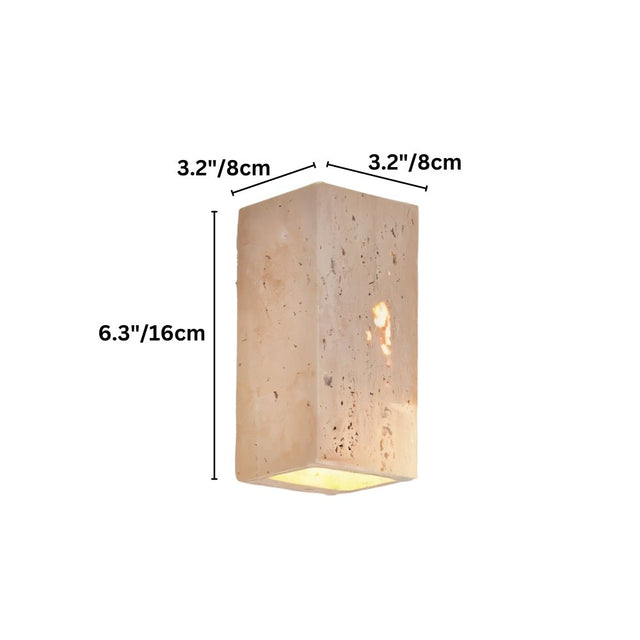 "Dimensions of a modern, rectangular wall lamp made of yellow travertine: 6.3 inches in height and 3.2 inches in width and depth."