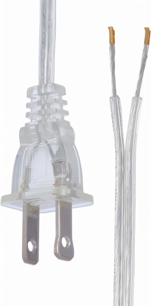 Clear plastic plug with exposed wires on a plain white studio background.