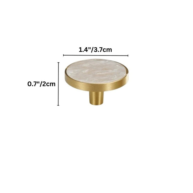 "Dimensions of a large, round brass cabinet knob with a white shell inlay, isolated on a white background."