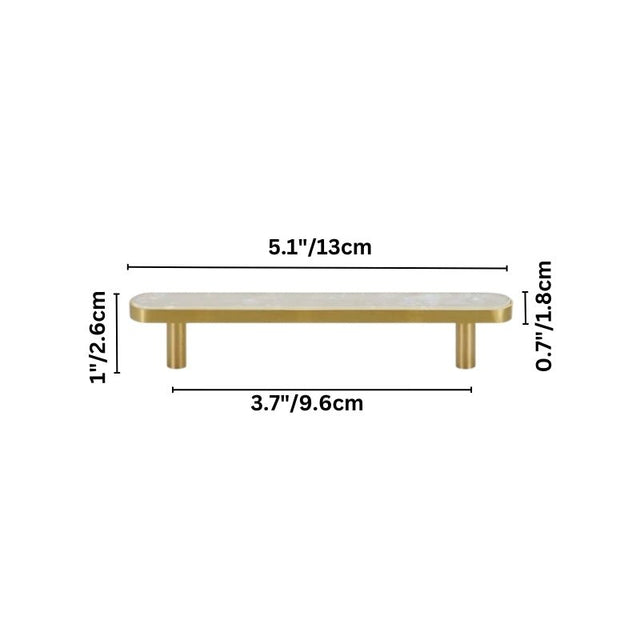 "Dimensions of a modern brass pull bar with a shell inlay, isolated on a white background."