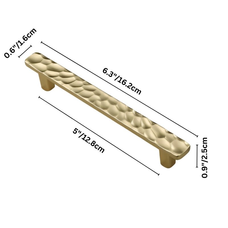 "Dimensions of a medium-sized gold hammered texture pull bar handle with a modern, artisanal design."