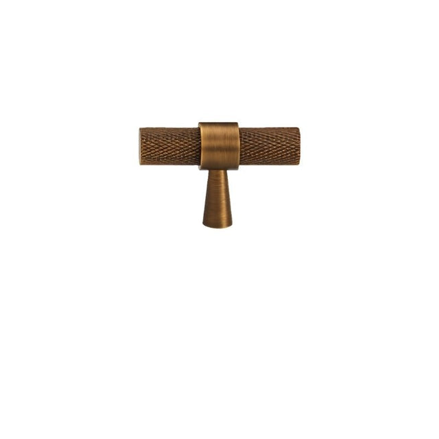 "Precision-crafted antique brass knurled T-Knobe with a cylindrical shape and sleek metallic finish."