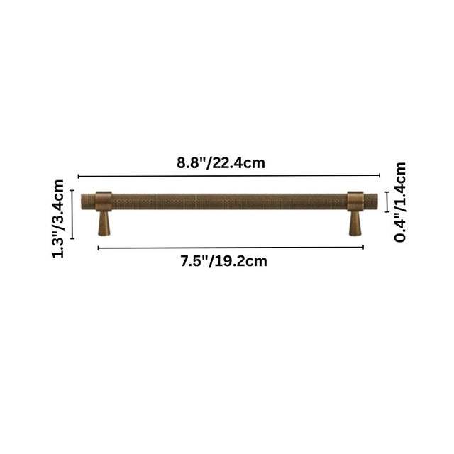 "Brass pull bar cabinet handle with a knurled grip and size dimensions shown on a white background."