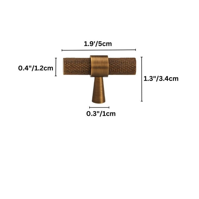 "A detailed studio shot of a T-bar shaped brass pull handle with a knurled texture, featuring size dimensions on a white background."