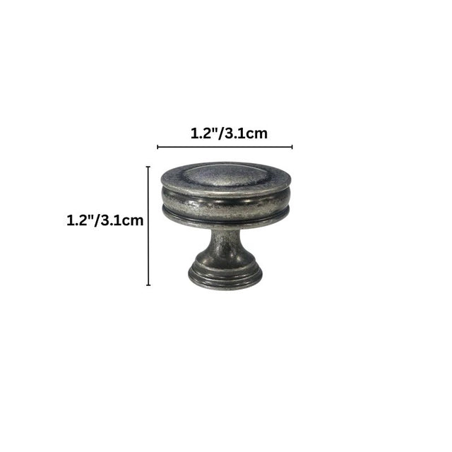 "Dimensions of a vintage-inspired brass knob with layered ridges and distressed finish."