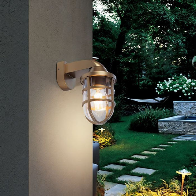 "A gray, industrial-style wall lamp with a robust cage structure and clear PC diffuser, blending rugged design with contemporary elegance for indoor and outdoor use."