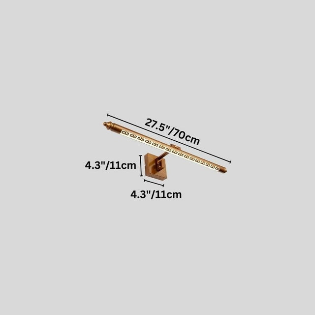 "A gold wall lamp with a Greek key pattern and adjustable arm, 70cm in length, with detailed dimension measurements in inches and centimeters on a grey background."