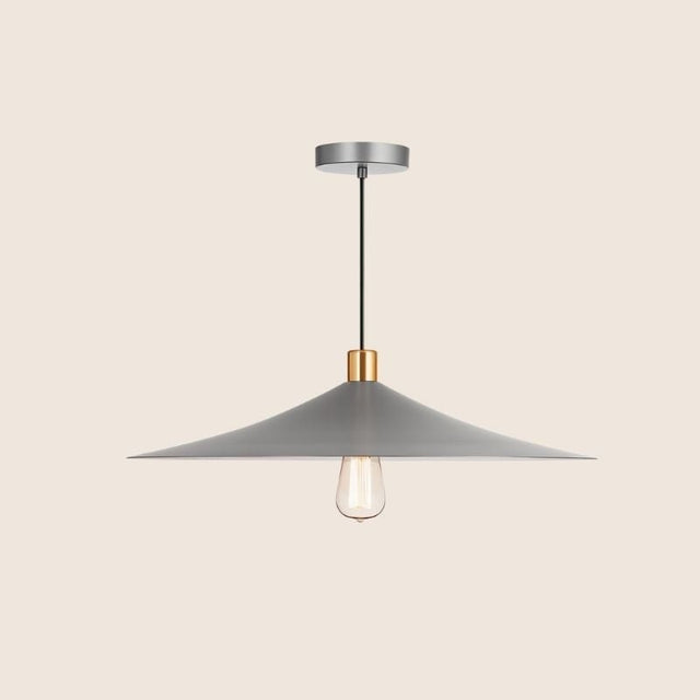 "Minimalist gray pendant light with a conical shade and gold accent, made from metal, perfect for contemporary or industrial interiors."