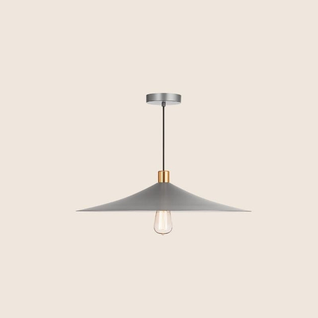 "Raida pendant light with a sleek grey conical design, featuring minimalist style and gold accents, perfect for contemporary interiors."