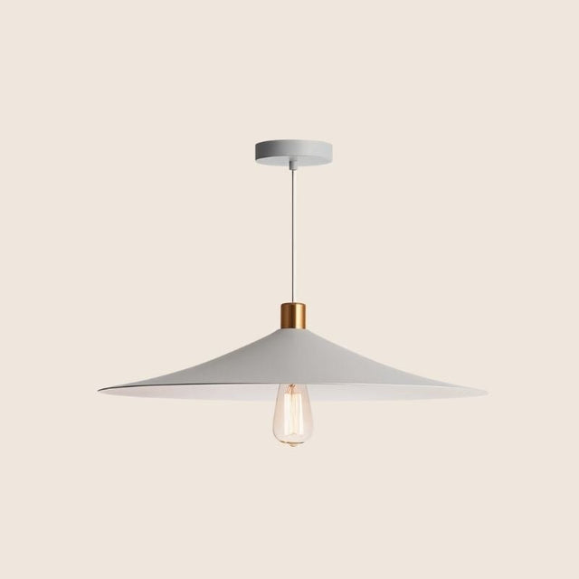 "Sleek white pendant light with a conical shade and gold accent, crafted from metal for minimalist, contemporary, and industrial designs."