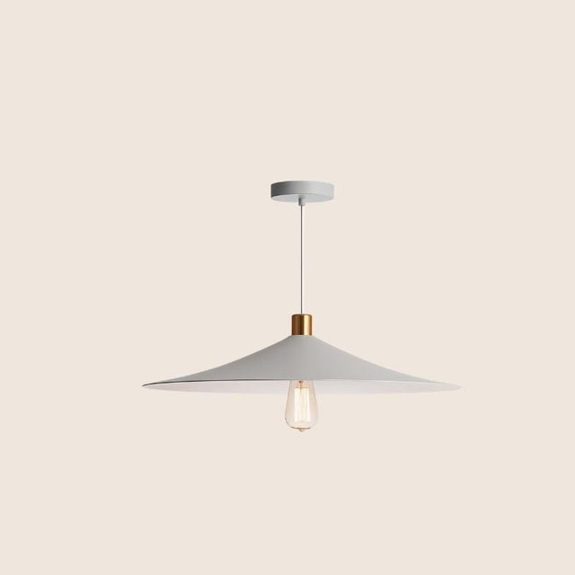 "Minimalist white pendant light with a conical shade and gold accent, crafted from metal for contemporary or industrial interiors."