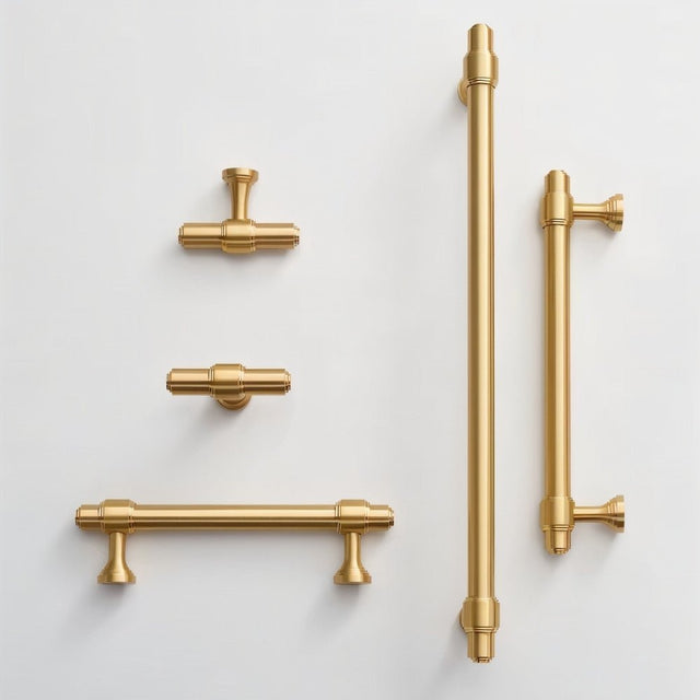 "A collection of solid brass knobs and pull handles with cylindrical designs and machined details, arranged on a light background."