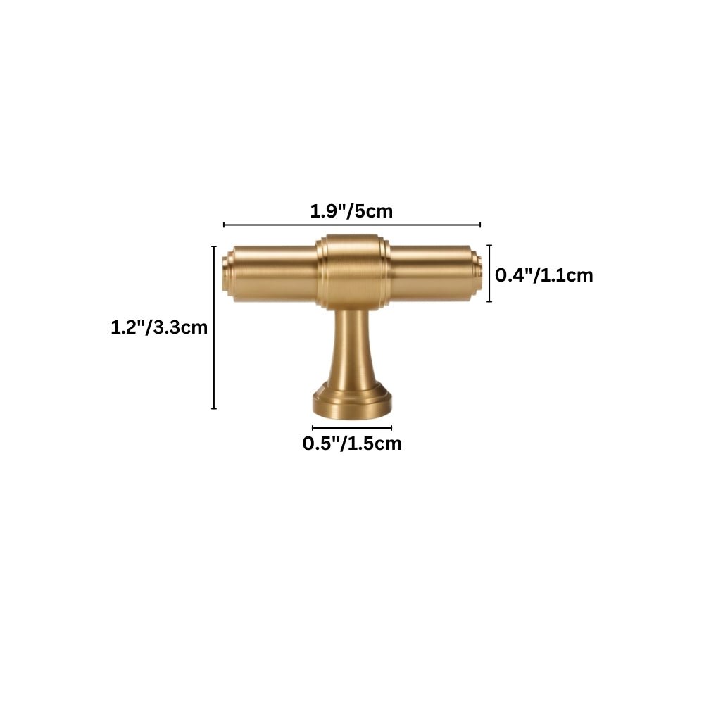 "Dimensions of a solid brass t-bar knob handle with a cylindrical design and machined detailing, shown with measurements in inches and centimeters."