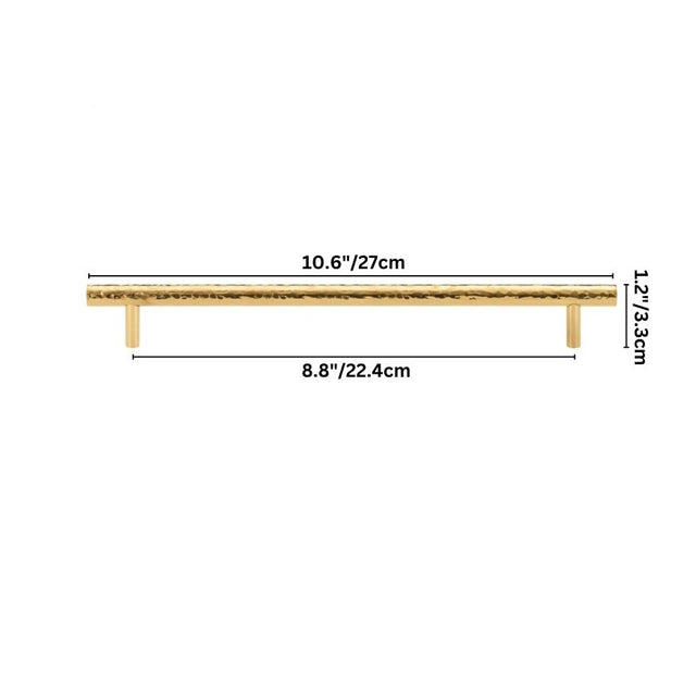 "Dimensions of a hammered brass pull bar with a textured, artisanal design, labeled with measurements for accurate installation."
