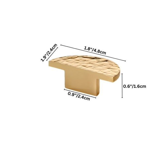 "Dimensions of a hammered brass t-shaped knob, ideal for cabinetry and drawers, showcasing its textured design."