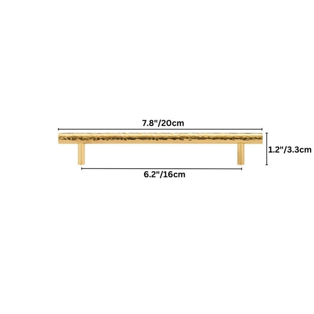 "Dimensions of a smaller hammered brass pull bar, highlighting its textured design and size for cabinetry and doors."