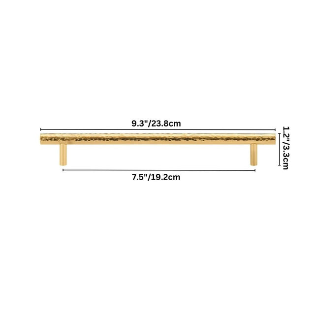 "Dimensions of a hammered brass pull bar, showcasing its textured design and size for cabinetry and doors."