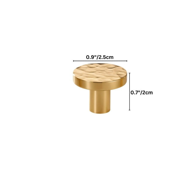 "Dimensions of a hammered brass round knob, ideal for cabinetry and drawers, showcasing its textured design."