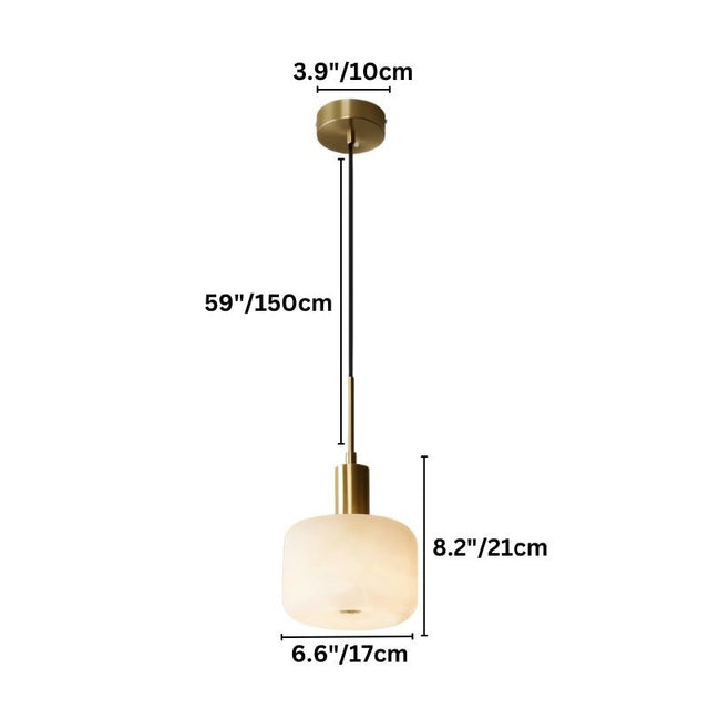 "Dimensions (59"/150cm height, 8.2"/21cm width, 6.6"/17cm depth, 3.9"/10cm canopy diameter) of a modern pendant light with a rounded alabaster shade and brass accents on a white background."