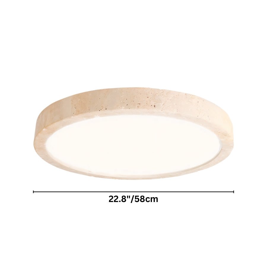 "Dimensions of a minimalist, natural travertine ceiling light with a frosted acrylic diffuser."