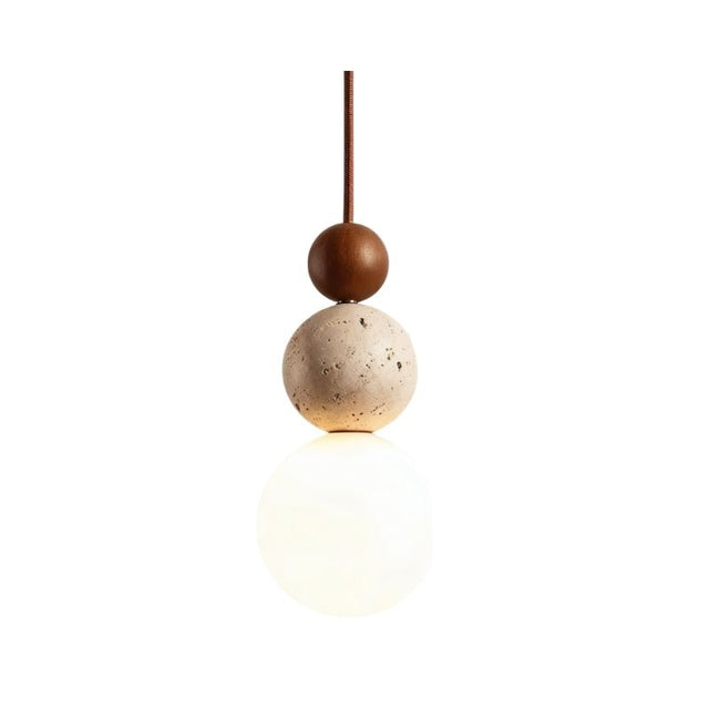 "Sculptural pendant light with stacked travertine and wood elements, featuring a frosted glass diffuser, isolated on a white background."