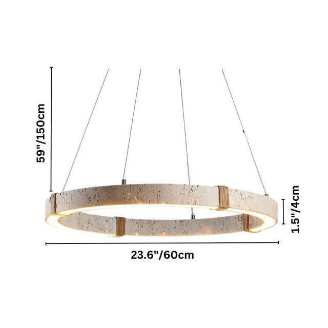"Dimensions diagram of a circular chandelier made of travertine, iron, and acrylic with hemp rope suspension, showing measurements."