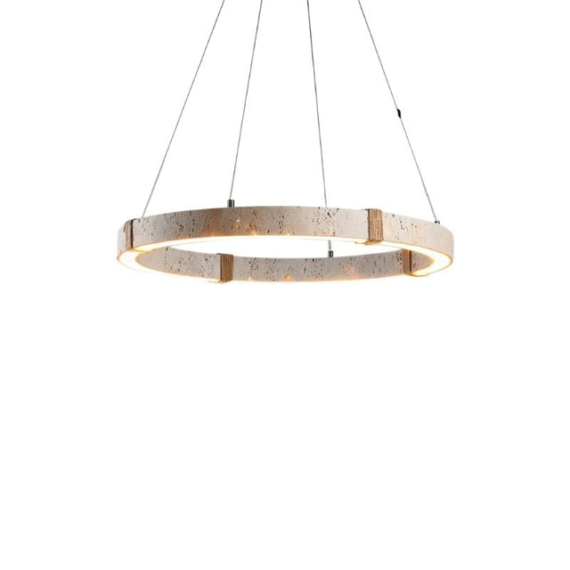 "Industrial-style circular chandelier made of travertine, iron, and acrylic, with an integrated LED strip for a warm, diffused light."