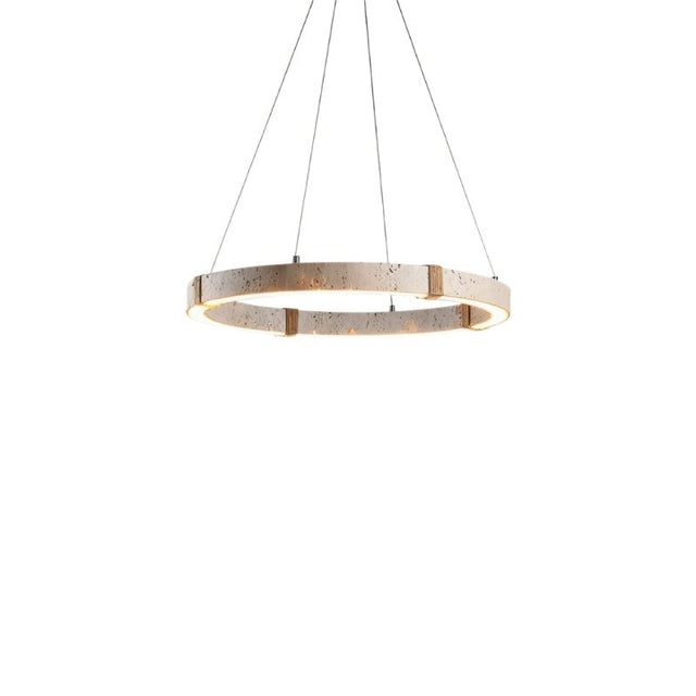 "Minimalist circular chandelier featuring travertine, iron, and acrylic, suspended by thin cables in a modern setting."
