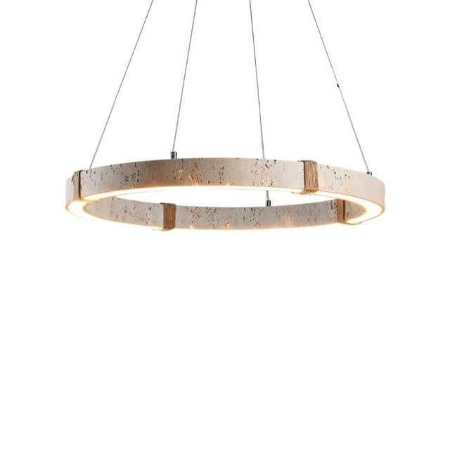 "Modern circular chandelier featuring travertine, iron, and acrylic, with an integrated LED strip emitting a warm glow."