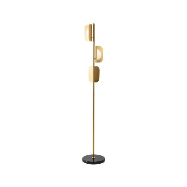 "A gold modern floor lamp with layered acrylic shades and a marble base."