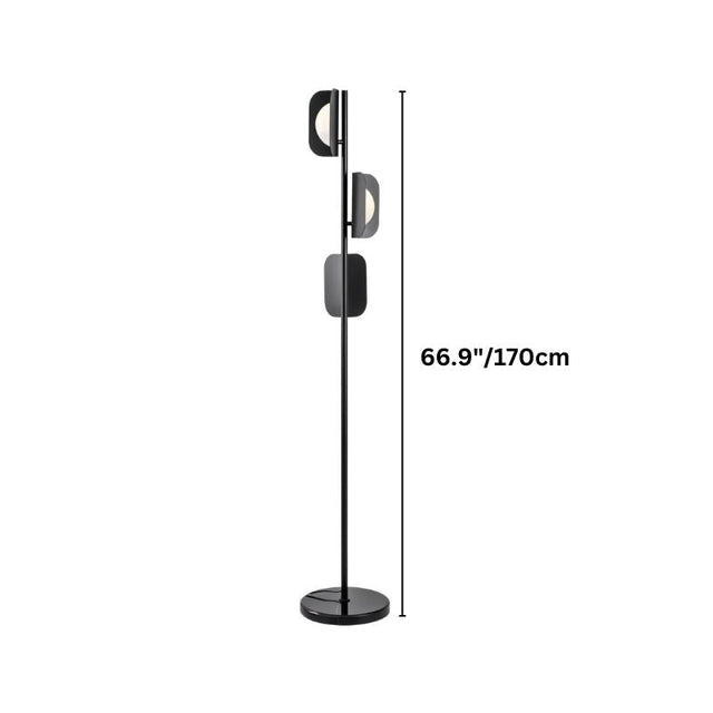 "A modern floor lamp with layered acrylic shades and dimensions shown."