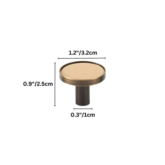 "Dimensions of a round brass cabinet knob with callouts for height, width, and diameter."