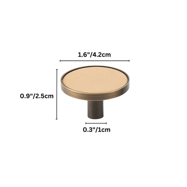 "Dimensions of a round knob with a light-colored insert and a dark base, with callouts for height, width, and depth."