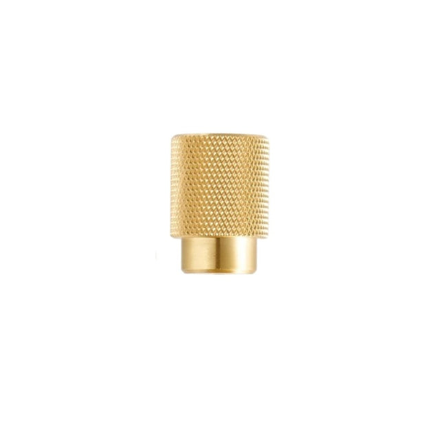 "Small knurled gold brass knob with a cylindrical grip and clean edges, suitable for modern cabinetry and drawers."