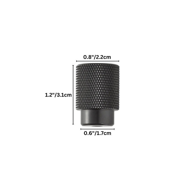 "Dimensions of a knurled brass knob with a cylindrical grip and clean edges, suitable for modern cabinetry, drawers, and doors."