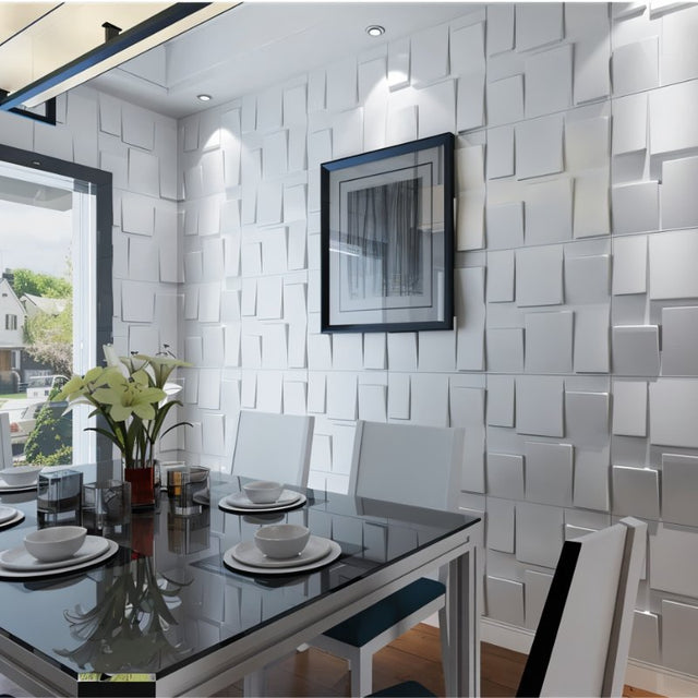 Rusan PVC Wall Panels in a modern dining room with geometric 3D design, ideal for stylish DIY home upgrades and easy installation.