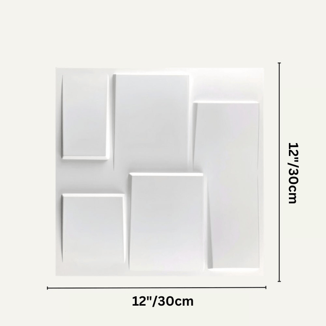 White Rusan PVC Wall Panel with 12x12 inch dimensions, showcasing its size and 3D design for modern DIY home improvement projects.