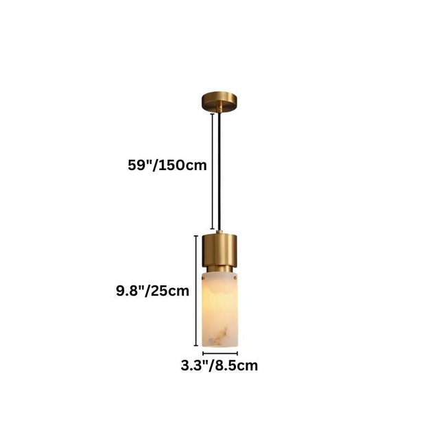 "Dimensions of a modern pendant light with a cylindrical alabaster shade and copper accents."