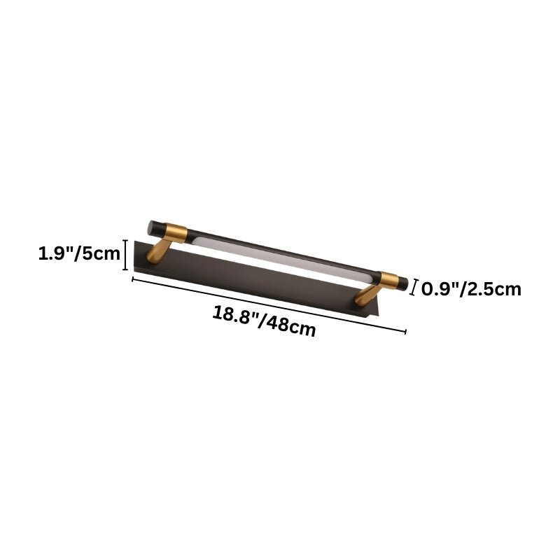 "Dimensions of a modern wall lamp with a sleek, adjustable cylindrical light bar, 18.8 inches in width, 1.9 inches in height, and 0.9 inches in depth."