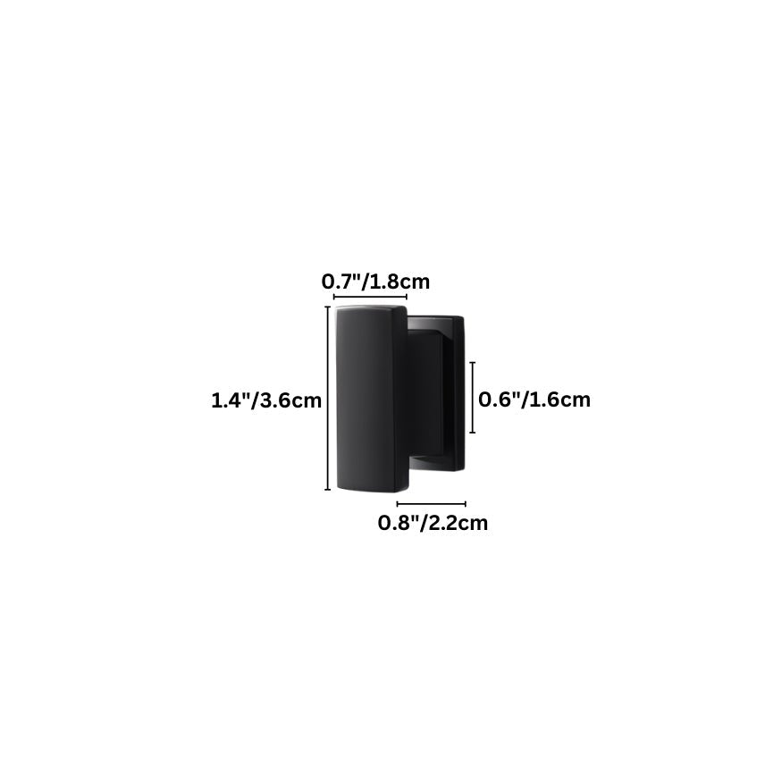 "Dimensions of a black zinc alloy knob: 0.7 inches (1.8 cm) width, 1.4 inches (3.6 cm) height, 0.6 inches (1.6 cm) depth, and 0.8 inches (2.2 cm) base diameter."