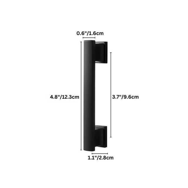 "Dimensions of a black zinc alloy pull bar: 4.8 inches (12.3 cm) length, 3.7 inches (9.6 cm) center-to-center, 0.6 inches (1.6 cm) depth, and 1.1 inches (2.8 cm) base width."