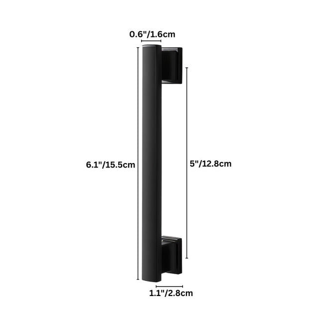 "Dimensions of a black zinc alloy pull bar: 6.1 inches (15.5 cm) length, 5 inches (12.8 cm) center-to-center, 0.6 inches (1.6 cm) depth, and 1.1 inches (2.8 cm) base width."
