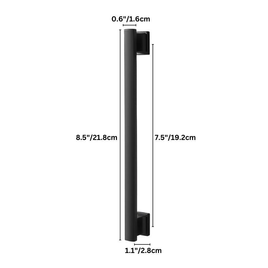 "Dimensions of a black zinc alloy pull bar: 8.5 inches (21.8 cm) length, 7.5 inches (19.2 cm) center-to-center, 0.6 inches (1.6 cm) depth, and 1.1 inches (2.8 cm) base width."