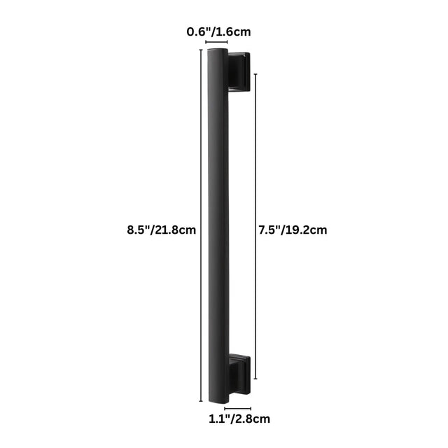 "Dimensions of a black zinc alloy pull bar: 8.5 inches (21.8 cm) length, 7.5 inches (19.2 cm) center-to-center, 0.6 inches (1.6 cm) depth, and 1.1 inches (2.8 cm) base width."