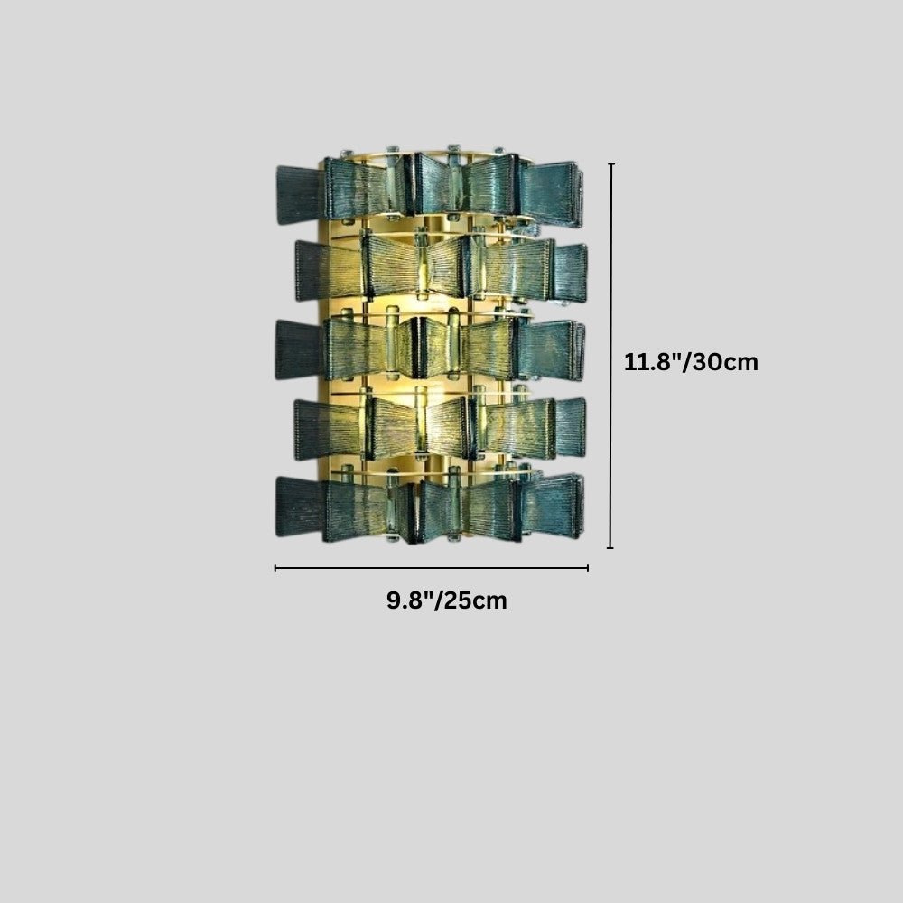 "Iron Salane wall lamp with layered blue glass panels and dimensions showing 9.8 inches/25 cm width and 11.8 inches/30 cm height."