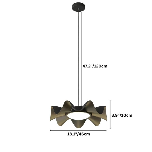 "Dimensions diagram of a sculptural pendant light with a wave-like iron frame and acrylic diffuser, showing measurements."