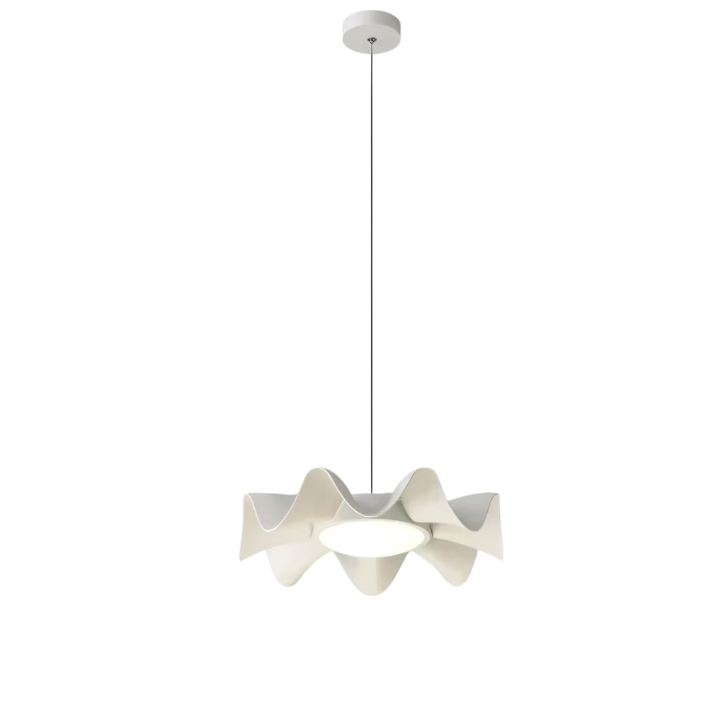 "Sculptural white pendant light with a wave-like iron frame and acrylic diffuser, blending artistic fluidity with modern elegance."