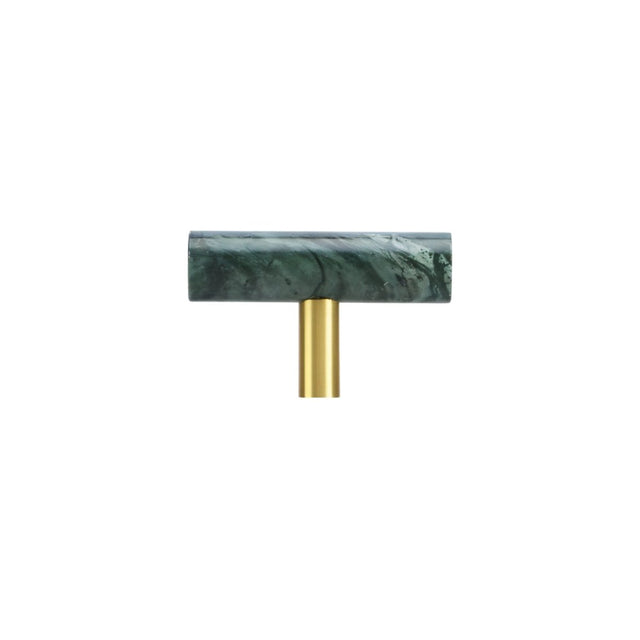 "A green marble knob with a polished brass stem, suitable for cabinets and drawers."