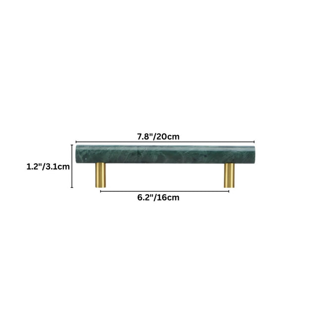 "Dimensions of a green marble and brass pull bar for cabinetry and furniture."